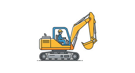 Yellow Excavator with Operator in Cabin Construction Vehicle Illustration.