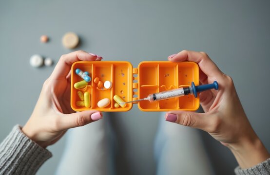 Close-up shot of hands presenting medication box containing insulin syringe, pills. Woman holds portable container with diabetes treatment supplies against neutral gray background. Image represents - Powered by Adobe