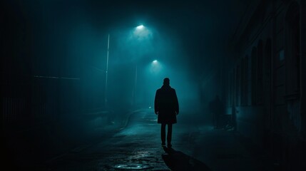 Mysterious figure walking alone on a foggy night street