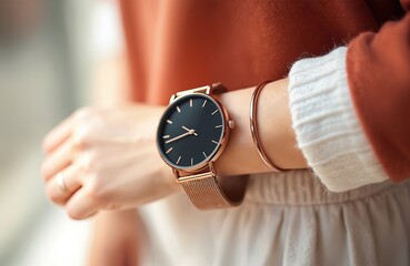 Female hand wears modern rose gold watch, black dial, mesh strap. Matching bangle bracelet, thin gold ring visible. Stylish outfit with rust sweater, white cuff, light skirt. Time, fashion, style