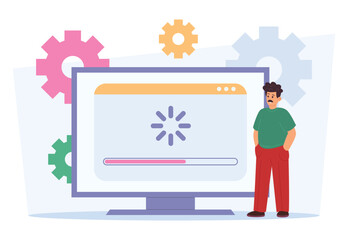 Computer loading screen concept with man waiting for update