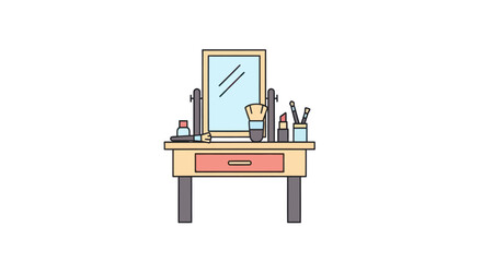 Cartoon Illustration of a Makeup Vanity Table with Mirror and Accessories.