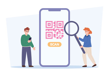 QR code scan concept with people analyzing smartphone technology