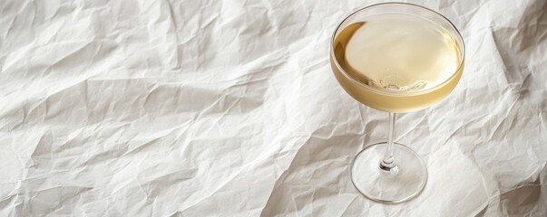 Elegant Coupe Glass with White Wine on Wrinkled Paper, Minimalist ,Cocktail