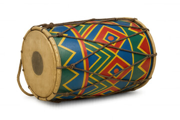 Dholak drum creating music and rhythm, a traditional indian percussion instrument with colorful patterns
