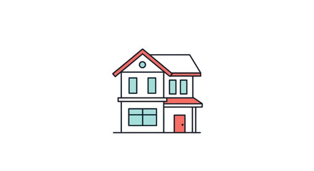 Two-story house with red roof and door simple cartoon style.