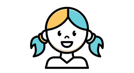 Cheerful cartoon girl with pigtails and two-toned hair.