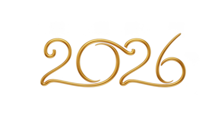 Elegant golden number 2026 for new year celebration, isolated on transparent background