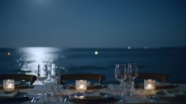 Elegant dinner table setup with candles and glasses against ocean view at dusk
