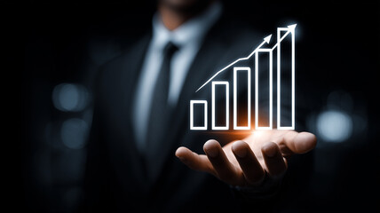 Executive presenting a luminous analytics bar chart representing data driven leadership forecasting and revenue acceleration.
