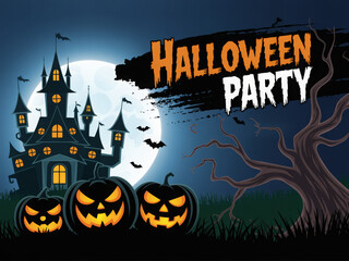 Halloween party invitation with a spooky castle pumpkins and full moon vector illustration for holiday events and seasonal celebrations
