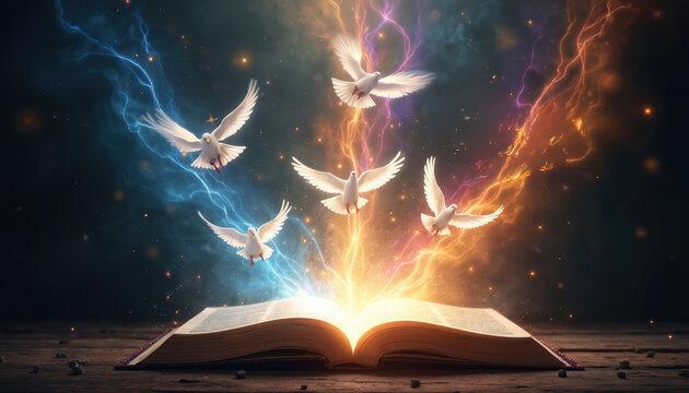 Open book with white doves flying out. Colorful light, flames emanate from pages. Holy spirit concept on dark background. Christian symbolism, religious themes depicted. Bible sacred scripture