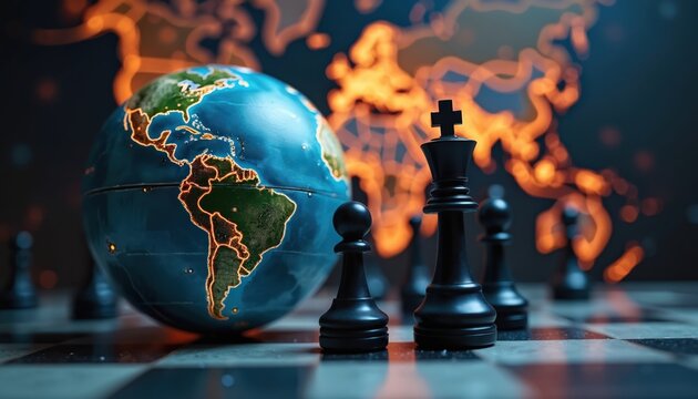 Planet Earth with chess pieces on board symbolizes global strategy and international conflict. Strategic planning and world domination concepts are explored through this metaphor of war and politics.