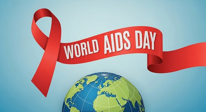 World aids day awareness ribbon over the globe on a blue background - Powered by Adobe