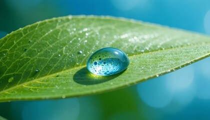 Close-up of green leaf with water droplet reflecting blue sky.