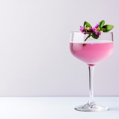 Elegant Pink Cocktail with Floral Garnish on White, drink , summer