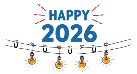 Happy 2026 text with string lights and light bulbs, isolated on transparent background