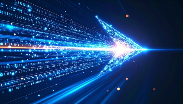 An abstract digital arrow moving forward into the future, composed of light, lines and data. Represents innovation and technological advancement
