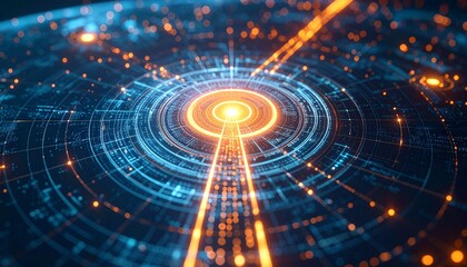 Futuristic digital abstract image with vibrant circuit-like lines and a central glowing point. The lines intersect creating a network with an orange glow, hinting at interconnectedness