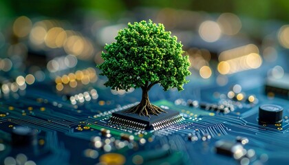 A conceptual image of a tree growing from a computer chip, symbolizing technology's impact on the environment