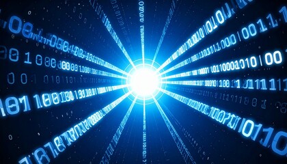 A vibrant depiction of digital data streaming with a bright light in the center