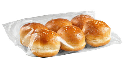 Six sesame-topped buns sit in plastic packaging on a dark background