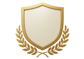Golden shield with laurel wreath isolated PNG on transparent background, award emblem for heraldry and achievement design