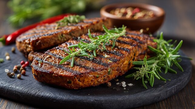 Vegan steak grilled with herbs, a sustainable meat alternative. Eco-friendly and healthy plant-based option.
 
