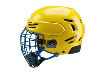 Yellow ice hockey helmet with blue cage isolated PNG, protective gear for ice hockey players on transparent background