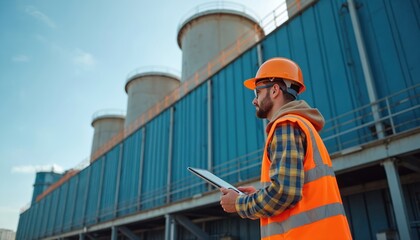 Engineer with tablet inspects cooling towers at industrial facility. Man in safety vest, hard hat assesses equipment. Industrial infrastructure building. HVAC system maintenance. Modern tech