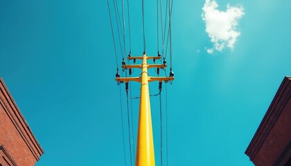 Yellow utility pole with power lines against clear blue summer sky. Electrical wires, cables stretch over urban city street between brick buildings. Infrastructure shows electricity distribution,