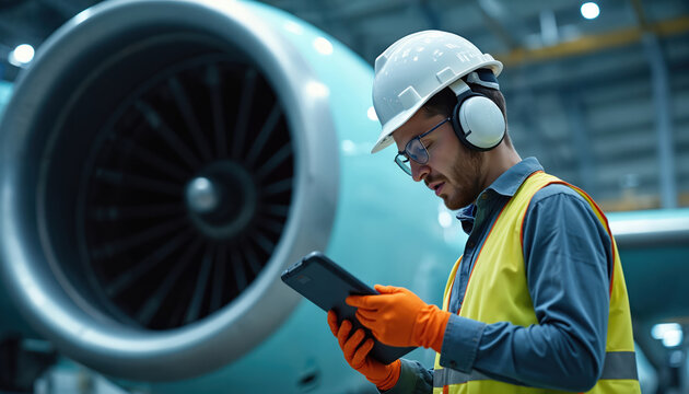 Young male aviation engineer wears white hard hat, ear protection, safety vest. Holds digital tablet, inspecting large jet aircraft engine in bright industrial hangar. Tech pro ensures flight safety,