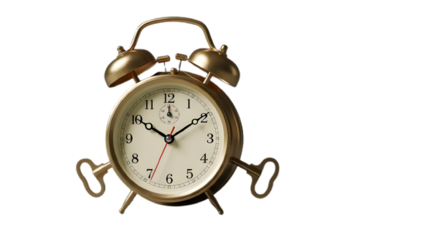 Old golden alarm clock isolated on transparent background showing ten past ten