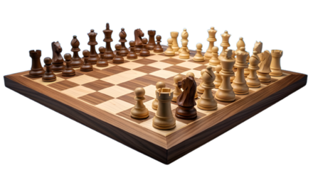 Chess board with pieces isolated on transparent background ready for game