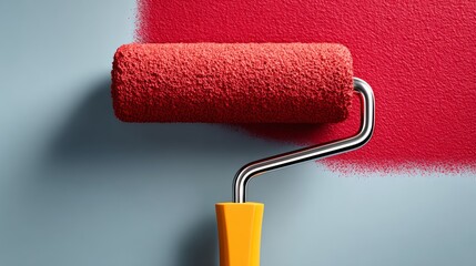 A red paint roller with a yellow handle is being used to paint a wall. Concept of creativity and transformation, as the roller is being used to change the appearance of the wall