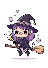 Obraz premium A cute witch character flying on broomstick with magic sparkles around.