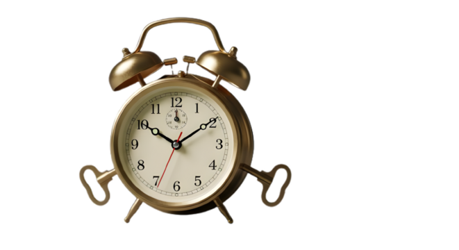 Old golden alarm clock isolated on transparent background showing ten past ten - Powered by Adobe