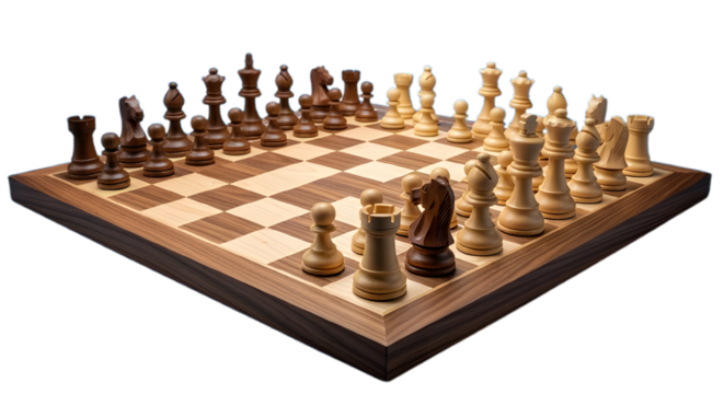 Chess board with pieces isolated on transparent background ready for game