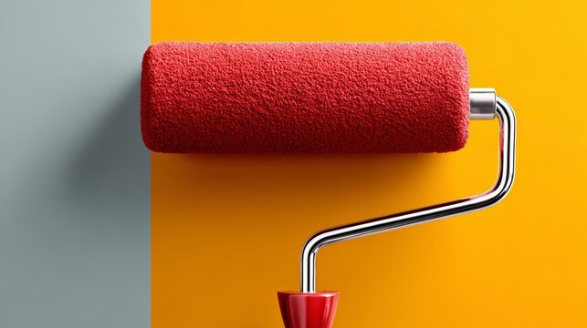 A red paint roller is on a yellow wall. The red color of the roller contrasts with the yellow wall, creating a bold and vibrant look. Concept of energy and excitement - Powered by Adobe