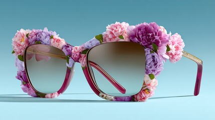 A pair of sunglasses with flowers on them. The flowers are pink and purple. The sunglasses are on a blue background