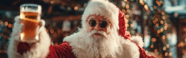 A cheerful Santa Claus in a red suit and sunglasses raises a glass, embodying the festive spirit at a holiday gathering. Colorful lights and decorations create a joyful atmosphere