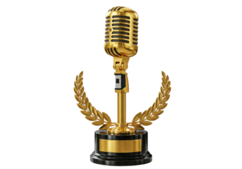 Golden vintage microphone trophy isolated PNG, retro mic award with laurel wreath on transparent background for music and entertainment industry