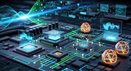Advanced circuit board with holographic data visualizations showcases complex technological integration.
