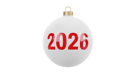 White christmas ornament with red number 2026 isolated on transparent background