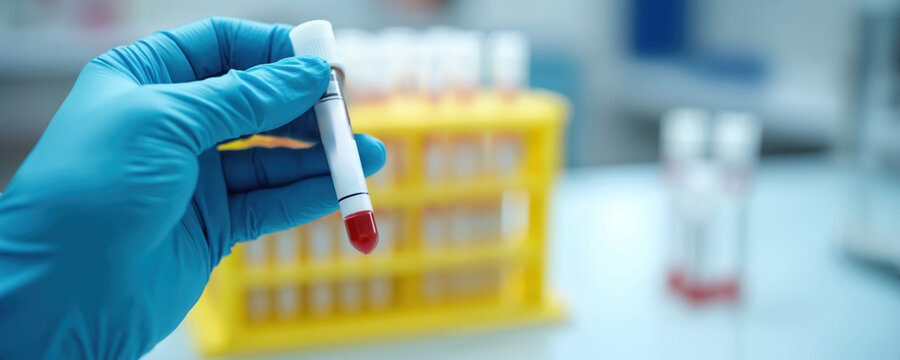 Scientist in blue gloves holds test tube with red liquid. Many medical samples in rack on laboratory table. Research for illness diagnosis and cure development. - Powered by Adobe