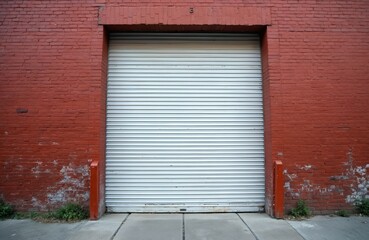Red brick wall of warehouse with closed roll up metal door. Building exterior with white corrugated steel gate for loading shipping. Industrial factory entrance garage shutter in urban alley, simple
