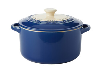 Blue ceramic casserole dish with lid isolated PNG, elegant cookware for baking and serving delicious meals on transparent background