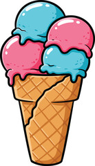 Colorful Ice Cream Cone Vector with Five Scoops in Blue and Pink, Melting Dessert Illustration for Summer, Kids Menu, and Sweet Treat Design Themes