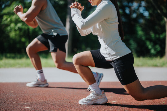 A pair of individuals engaging in fitness exercises, promoting teamwork and outdoor activity together, showcasing motivation, cooperation, and different perspectives. - Powered by Adobe