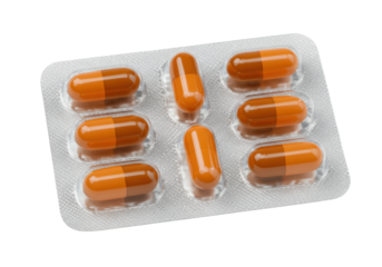 Orange capsules in blister pack isolated PNG, pharmaceutical medication for health and wellness on transparent background
